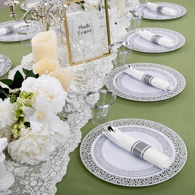 WELLIFE 175Pcs Silver Dinnerware Sets, Include:25 Dinner Plates, 25 Dessert Plates, 25 Paper Napkins, 25 Cups, 75 Silver Silverware Set for Party and Weddings