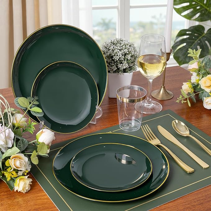KIRE 175PCS Green Plastic Plates with Gold Rim - Heavy Duty Green Plates Disposable Include 50 Plastic Plate, 25Pre Rolled Napkins 25 Cups For St. Patrick's Day/Party/Wedding