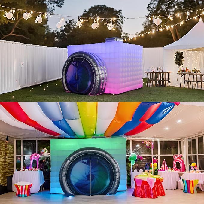 SAYOK Inflatable Photo Booth with Lights, Portable Camera Shaped Cube Tent with Blower, 11.5x9.2x8.2ft (White/Silver), Backdrop for Wedding Events, Parties, Exhibitions