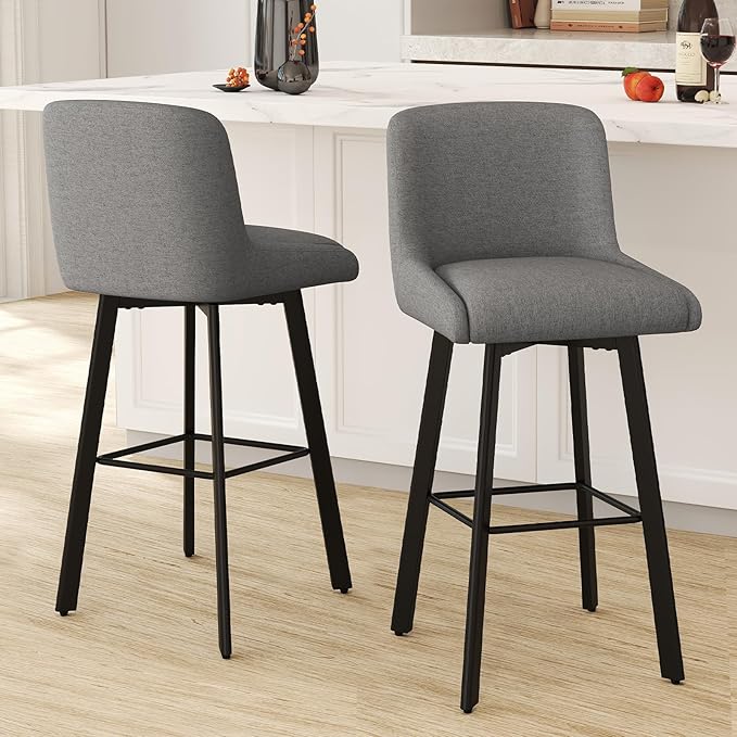 Swivel Bar Stools Set of 2, 29''H Upholstered Barstools with Backs, Modern Counter Height Bar Stool Chairs for Kitchen Island, Metal Legs, Fabric, Gray Counter Stools