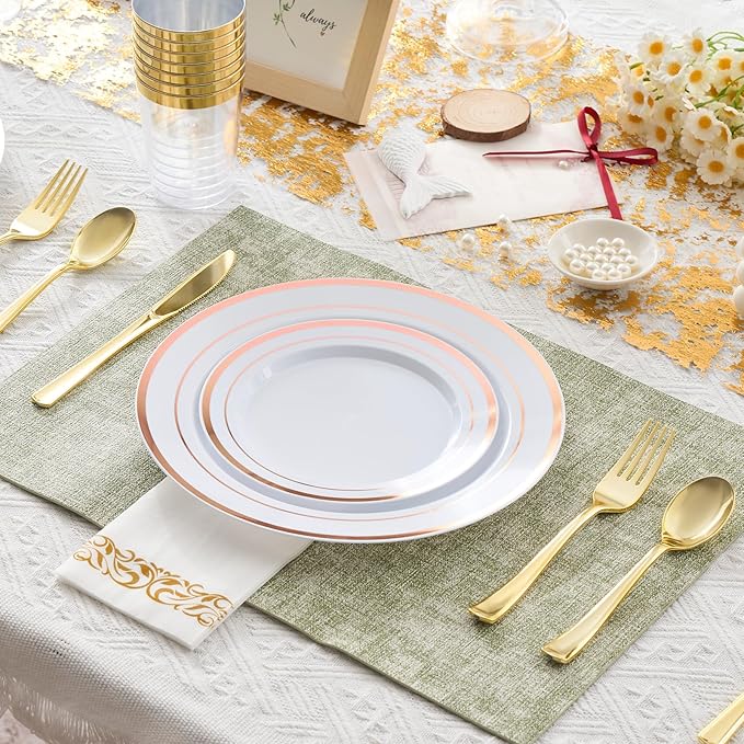 350 Pieces Rose Gold Disposable Plates for 50 Guests, Disposable Plastic Plates, Dinnerware Set of 50 Dinner Plates, 50 Salad Plates,50 Cups and 50 Paper Napkins for New Year Party, Weddin
