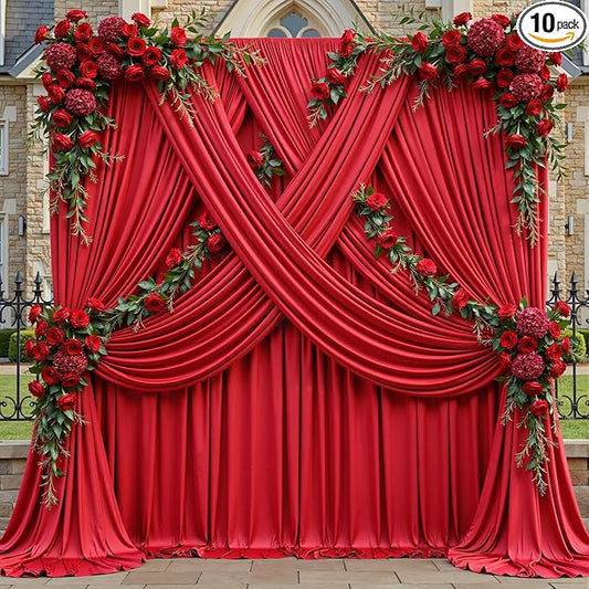 gogoparti 50x12ft Red Backdrop Curtain for Wedding Parties, 10 Panels (5x12 ft Each) Wrinkle-Free Dackdrop Curtains, Silky Draping Fabric for Birthday Party, Baby Shower, Photo Background
