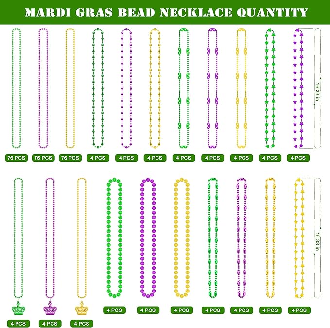 300PCS Mardi Gras Beads Costume, Green Purple Gold Metallic Beads Necklaces Accessories Bulks, Necklace Costumes Women Men for Parade Throws Party Decor Favor Supplies