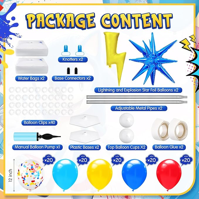Kasyat 2 Set Red Blue Yellow Balloon Column Stand Kit Cartoon Hedgehog Explosion Star Foil Balloons Arch Garland Kit with Adjustable Stand for Carnival Circus Birthday Party Decorations