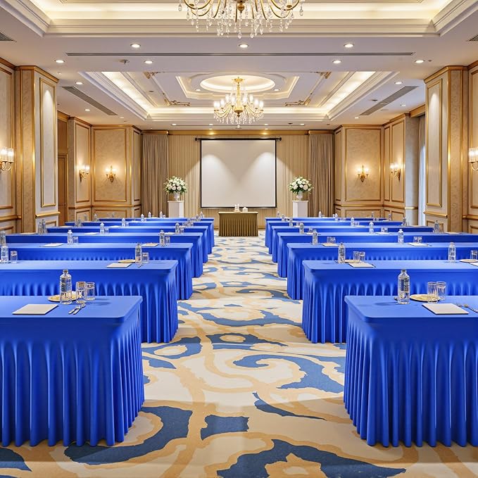2 Packs Royal Blue Table Clothes for 4 Foot Rectangle Tables, One-Piece Wrinkle Resistant Stretch Spandex Table Covers with Skirt for Event Banquet Wedding Birthday Party