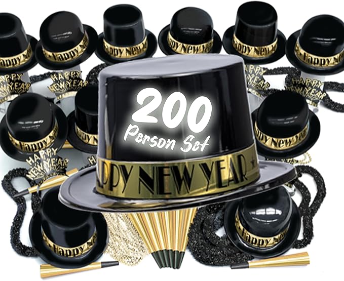 Crown Display New Years Party Favors 2026 200 Person Gold Showboat Top Hats Tiaras Horns Noise Makers New Year Eve Hats Happy New Year Hats Decorations 2026 New Years Eve Party Favors
