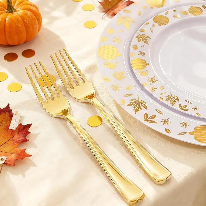 WDF 150pcs Gold Plastic Plates with Disposable Plastic Silverware - Premium Thanksgiving Dinnerware Sets for Thanksgiving Day&Parties