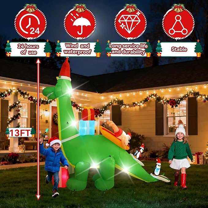 13FT Dinosaur and Santa Surfing Outdoor Inflatable Decoration with LED Lights, Suitable for Christmas Yard and Lawn Decorations
