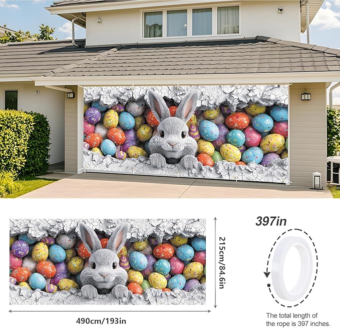 Easter Bunny with Colorful Eggs Garage Door Banner 7x16FT, Cute Bunny & Easter Egg Design, Outdoor Spring Holiday Decoration for Garage & Front Yard