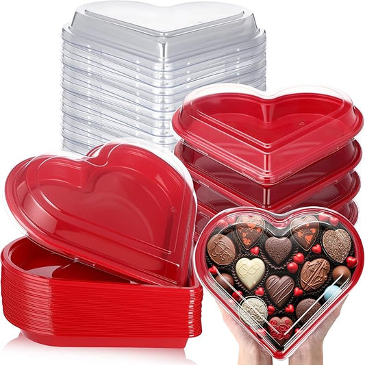 Macarrie 25 Pcs Valentine's Heart Shaped Serving Tray Platter 20 oz Heart Plates with Clear Lids Dessert Plates Snack Tray for Valentine Birthday Party Table Decoration (Red)