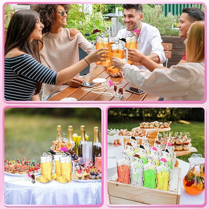 36 Pcs Cowboy Boot Glasses Bulk, 12 Cowboy Drink Mugs 12 Cowgirl Hat Straws 12 Mirror Disco Ball Stirrers for Western Theme Party Bachelorette Birthday Decorations(Clear)