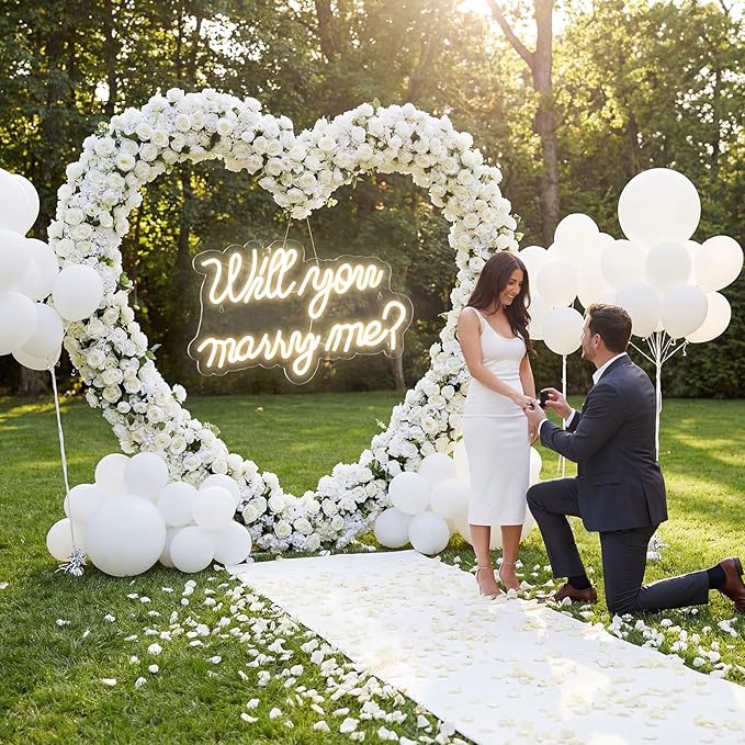 Breling 6.6ft Large Metal Heart Arch Stand and Will You Marry Me LED Neon Light Sign Backdrop for Outdoor Proposal Wedding Engagement Bridal Valentine and Birthday Party Decor(White)