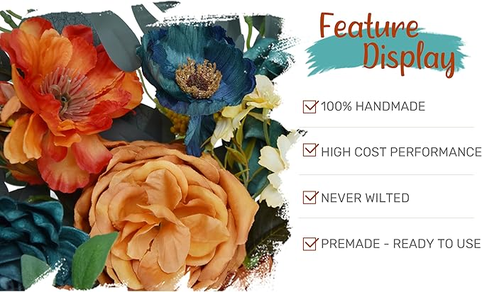 Wedding Arch Flowers with Drapes Kit (Pack of 4) - 2pcs Artificial Teal Orange Fall Deluxe Swag with 2pcs Sheer Drapes for Wedding Ceremony Arbor Reception Backdrop Rose Floral Decoration