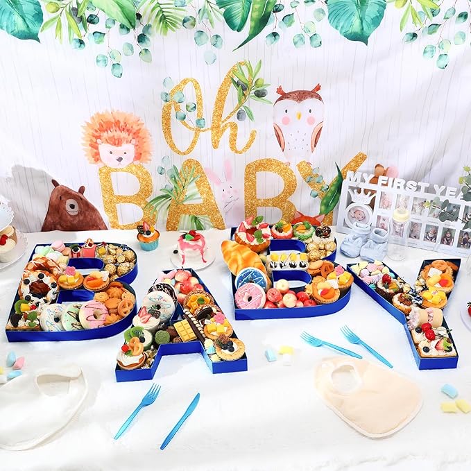 Mifoci 4 Pcs Large Baby Shower Food Trays 13.7" Charcuterie Cardboard Letter Shaped Serving Platter Fillable Boxes for Baby Shower Gender Reveal Party Paper Chocolate Candy Decoration (Royal Blue)
