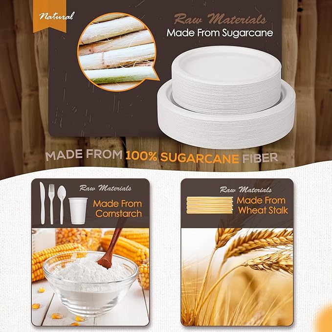 Compostable Paper Plates 350pcs Disposable Plates for Wedding Party Eco-friendly Sugarcane Plates Biodegradable Cutlery Forks Knives Spoons Cups and Straws for 50 People