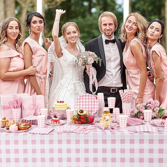452 Pcs Pink Gingham Party Supplies for 50 Guests, White and Pink Checkered Paper Plates Napkins Cups Tablecloth Cutlery Straws for Picnic Birthday Baby Shower Wedding Party Decoration