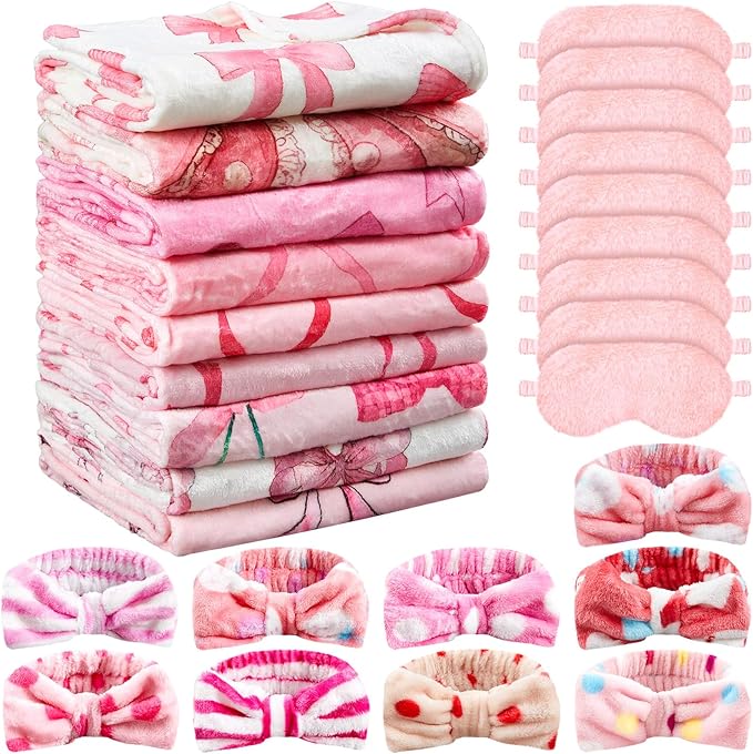 27 Pcs Sleepover Party Supplies for Girls, 9 Style Cute Pink Bow Blanket 9 Coral Fleece Spa Headband 9 Plush Pink Eye Mask Cover for Slumber Sleepover Spa Party Gift(Elegant)