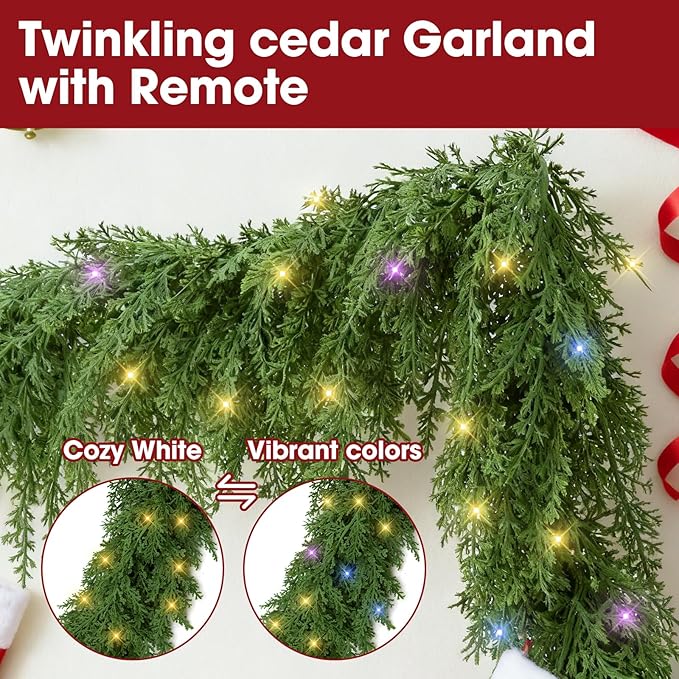 Cedar Christmas Garland for Mantle - Decorations with Lights 9 ft Realistic Lighted Faux Pine Garlands for Xmas Stairs Railing Fireplace Prelit Home Decoration Indoor Outdoor 9ft Garland Door Decor