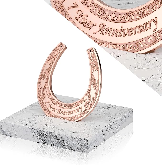Copper Horseshoe with Wooden Stand - 7 Year Anniversary, Lucky Copper Decor, 7th Anniversary Keepsake for Him, Her or Couple, Symbol of Strength and Love