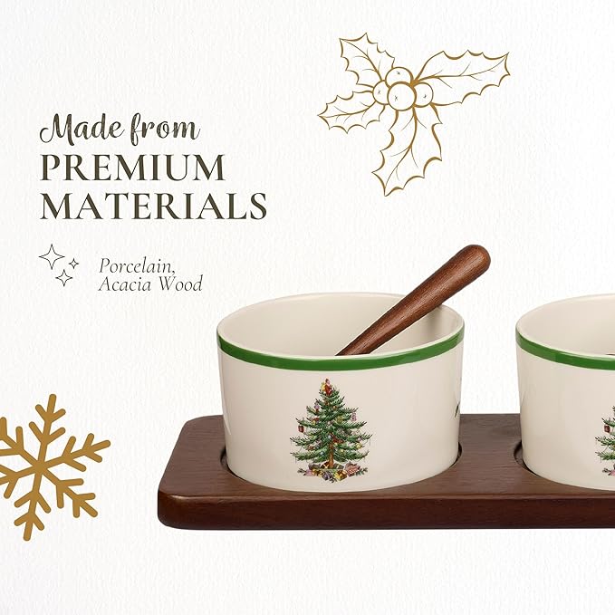 Portmeirion Spode Christmas Tree Holiday Serving Dishes - 7-Piece Set, Beige/Green, Ceramic Serving Bowl - Dip Bowls - Holiday Dinnerware, Dishwasher and Microwave Safe, Festive Tableware