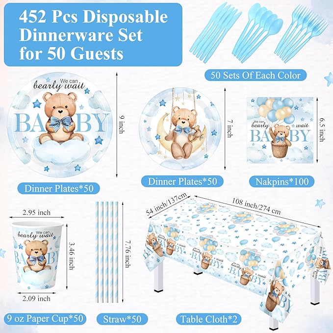 452 Pcs We Can Bearly Wait Baby Shower Decorations, Blue Bear Paper Plates Napkins Cups Tablecloth Cutlery Straws for Blue Baby Shower Gender Reveal Birthday Party Supplies, Serves 50