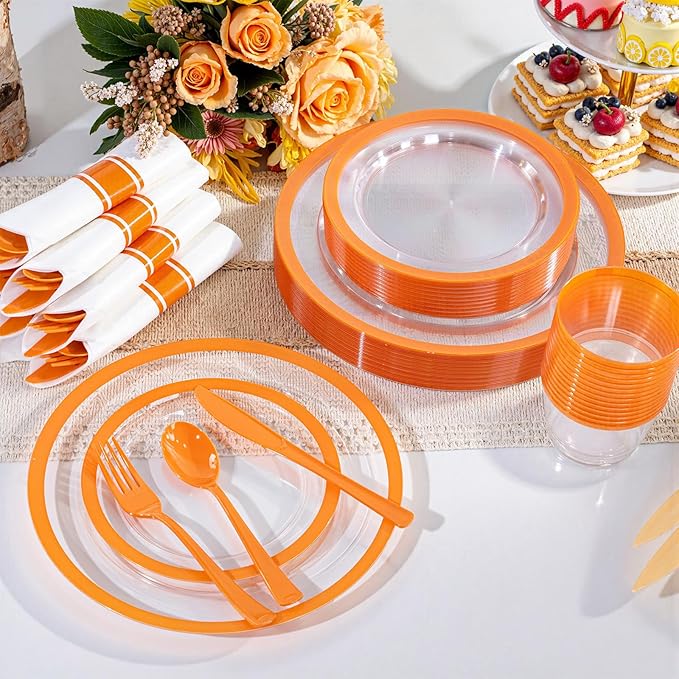 I00000 210 Pcs Clear Orange Plates for 30 Guests, Orange Disposable Plates Set Include 30 10" Dinner Plate,30 7" Dessert Plate, 30 Cups, 30 Pre Rolled Napkins with Cutlery Set for Party and Wedding