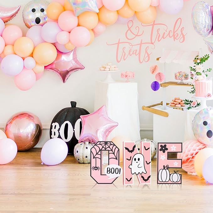 Halloween Wooden ONE Sign - Pink Halloween Boo Wooden Centerpiece Table Decoration, Halloween Decorations Indoor ONE Letter, Baby Girl Birthday Supplies.