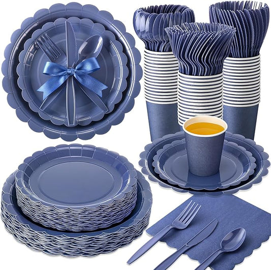 350 Pcs Navy Blue Plates and Napkins, 50 Guest Graduation Party Supplies Include Scalloped Paper Plates Napkins Cups Plastic Spoons Forks Knives Disposable Tableware Set for School Graduate