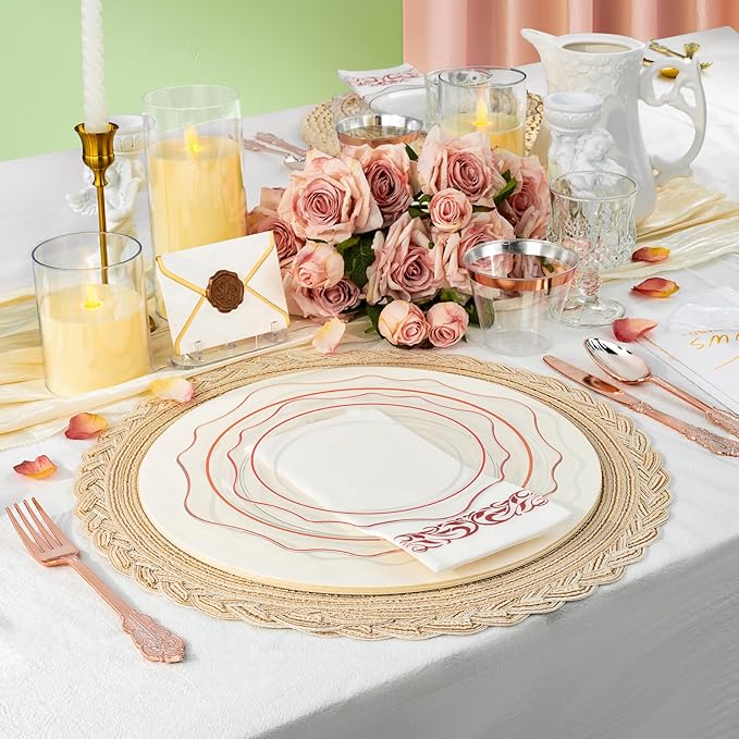 350 PCS Clear and Rose Gold Plastic Plates, Rose Gold Disposable Plates for 50 Guests, Includes 100 Disposable Plates, 50 Cups, 150 Silverwares, and 50 Napkins for Party, Wedding
