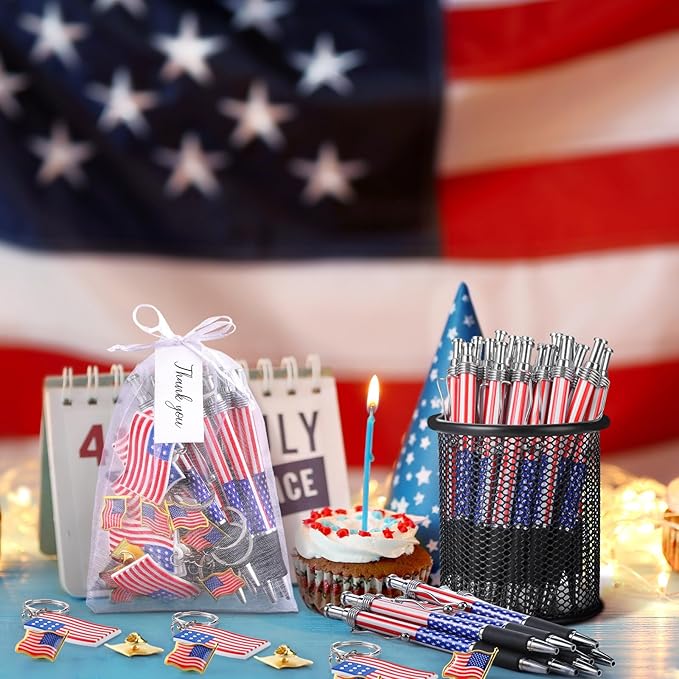 Qilery 400 Pcs American Flag Lapel Pins Ballpoint Pen Patriotic Flag Keychains Thank You Card Organza Gift Bag for Home Office Party Supplies