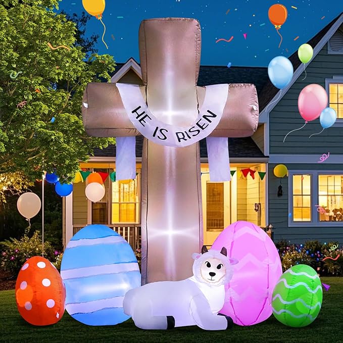New 6FT Easter Inflatable Outdoor Decorations He is Risen Cross, Build-in LED Lights Holiday Blow Up Yard Decoration, for Easter Holiday Party, Outdoor,Garden, Yard Lawn Décor