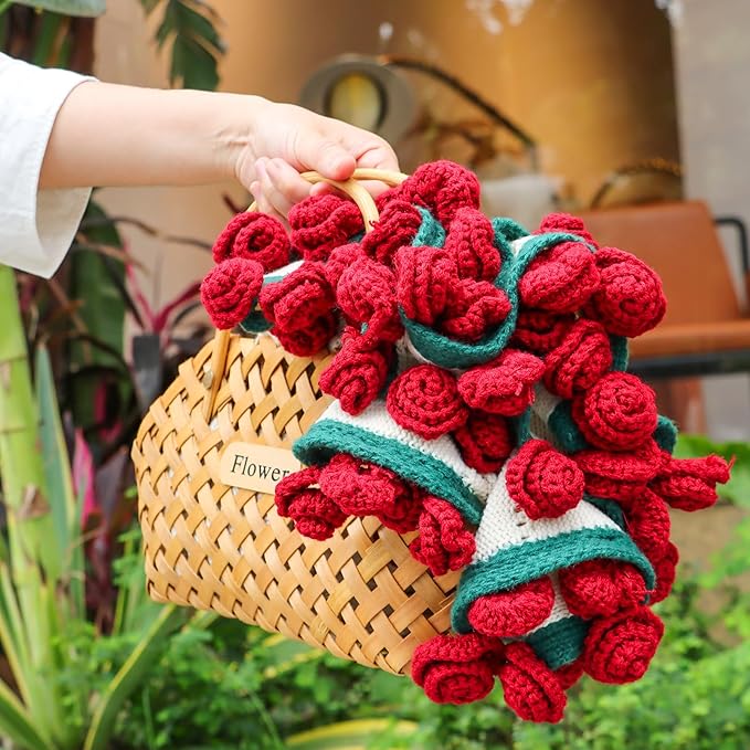 cagulax Birthday Gifts for Women Valentines Day, Rose Crochet Flowers Bouquet Blanket, Anniversary Wedding Graduation Gifts for Couples Wife Girlfriend Friends, Soft Rose Knitted Blanket 43 Inches