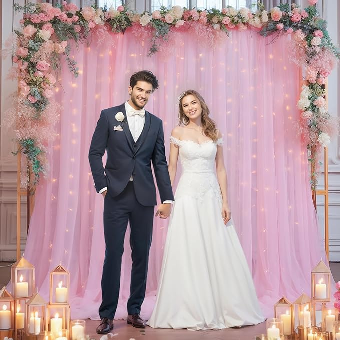 30x8ft Baby Pink Tulle Backdrop Curtain with Lights String for Parites, Sheer Photo Backdrop Curtains with Lights for Wedding Backdrop Ceremony Reception Bridal Shower Baby Shower Birthday Party