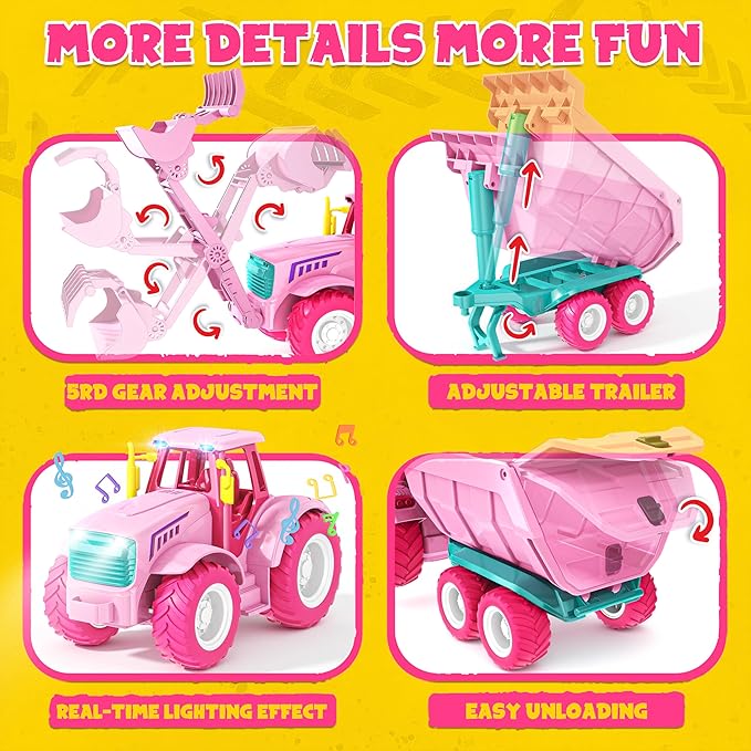 Funwee RC Farm Tractor Toy w/Light & Music, Kid Truck Toy w/Front Loader & Farm Animal, 2.4GHz RC Tractor Trailer Car Vehicle Toy for Boy Girl Age 3 4 5 6 7+ Year Old Christmas Birthday Gift (Pink)