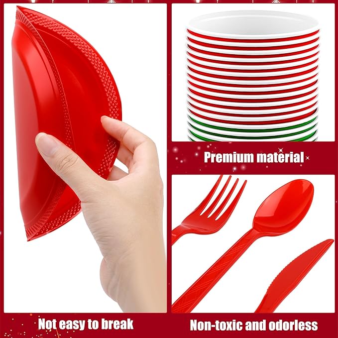 Aodaer 400 Pieces Christmas Party Supplies Red Green Plastic Dinnerware Include Plates Cups Knives Forks Spoons Paper Napkins for Christmas Birthday Wedding Parties, Serve 50 Guests