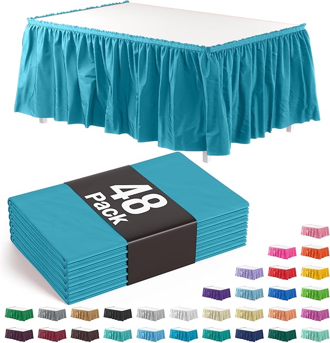 Ruffle Table Skirt Turquoise 48 Pack 14 Ft Long Table Skirts for Rectangle Tables 6ft Plus or Round Tables Skirts with Adhesive Strip for Gender Reveal Decor & Happy Birthday Parties by Exquisite