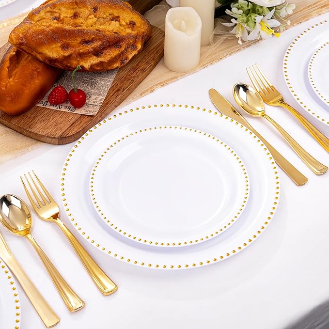 Rubtlamp 60Pcs White Gold Plastic Plates, White Disposable Plates With Gold Beaded, Heavyduty Plastic Plates Include 30 Dessert Platos, 30 Dinner Platos for Party