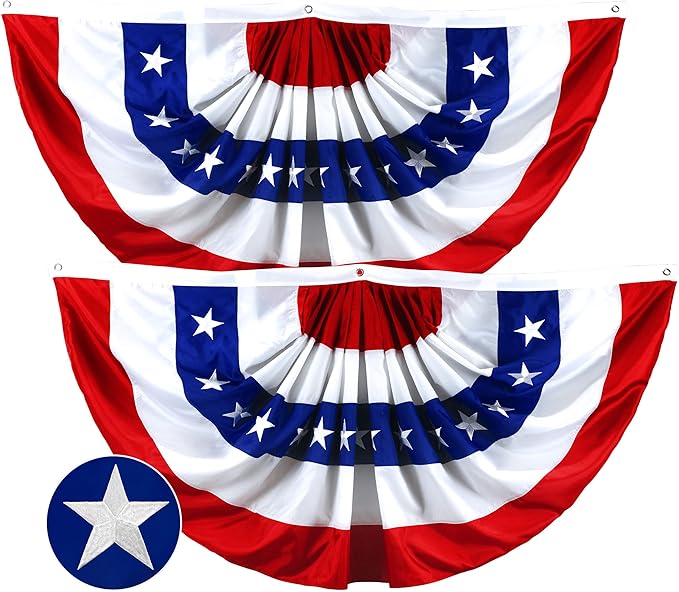 G128 – 2 Pack: USA Pleated Fan Flag, 2x4 Feet American USA Bunting Decoration Flags Embroidered Patriotic Stars & Sewn Stripes Canvas Header Brass Grommets