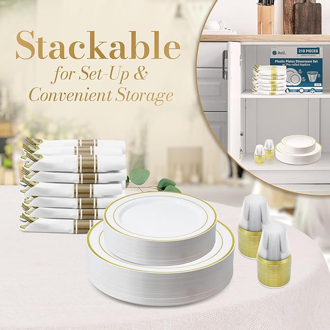 Reli. Plastic Plates for Party | 350 Pieces | White w/Gold Rim | Plates and Napkins Party Supplies | Disposable Dinnerware Set for 50 Guests | Dinner & Dessert Pack, Pre-Rolled Gold Cutlery Set, Cups