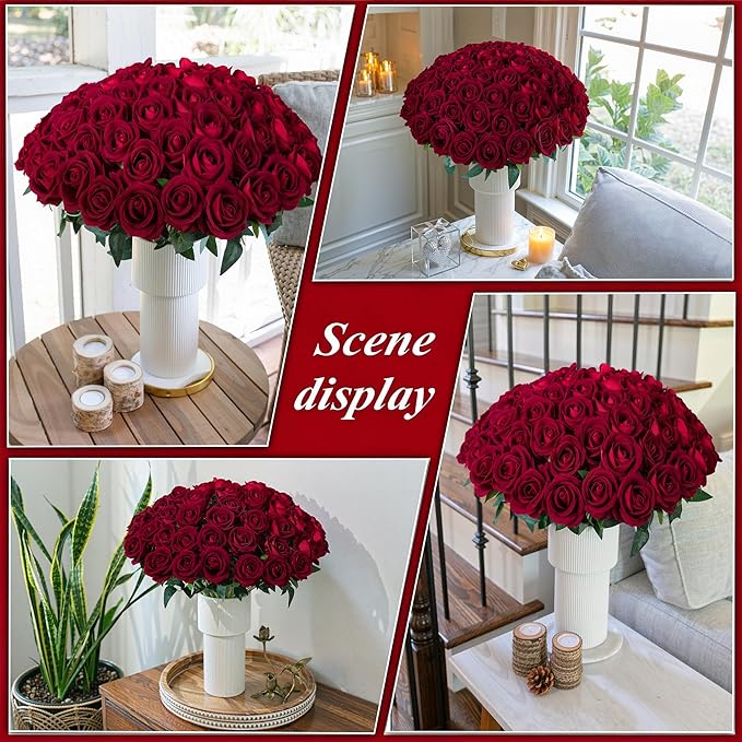 50 PCS Burgundy Roses Artificial Flowers, Fake Roses with Stem Realistic Silk Roses for DIY Wedding Bouquets Table Centerpieces Arrangements Baby Shower Birthday Home Decor Valentines Day Gift for Her
