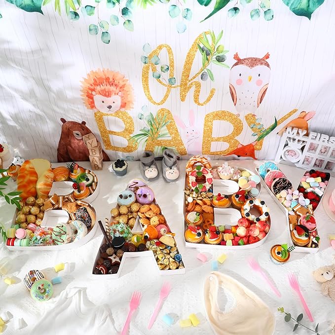 Mifoci 4 Pcs Large Baby Shower Food Trays 13.7" Charcuterie Cardboard Letter Shaped Serving Platter Fillable Boxes for Gender Reveal Baby Shower Party Paper Chocolate Candy Decoration(White)