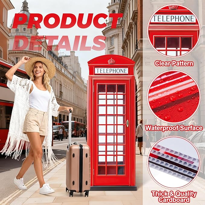 6 Ft Red British Phone Booth Cardboard Cutout English Telephone Booth Stand up Cutout Life Size Classic Red Telephone Box Prop for British Theme Birthday Party Graduation Office Event Decor