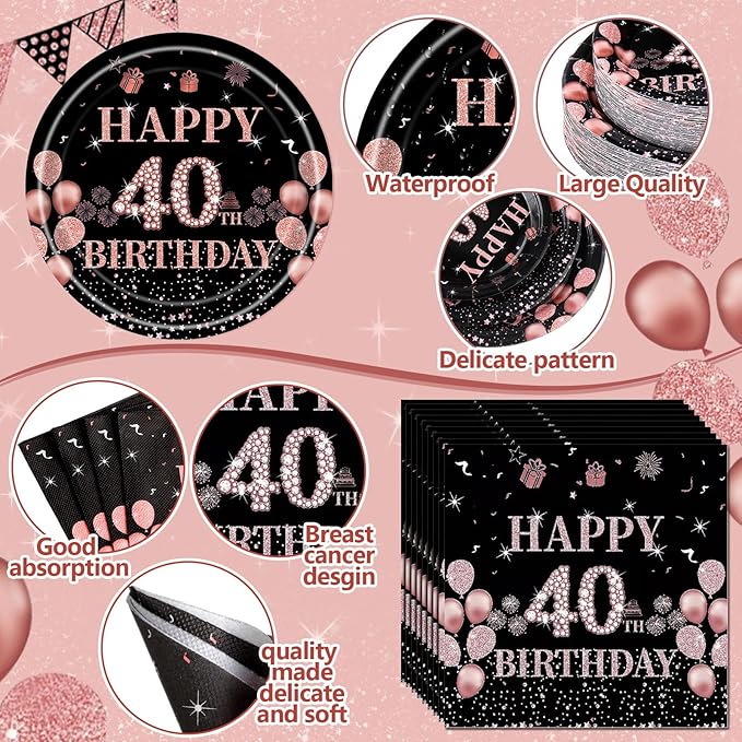 452 Pcs 40th Birthday Decorations for Women Black and Rose Gold 40th Birthday Paper Plates Cups Napkins Tablecloth Cutlery Straws for Girls Women 40 Year Old Party Supplies for 50 Guests