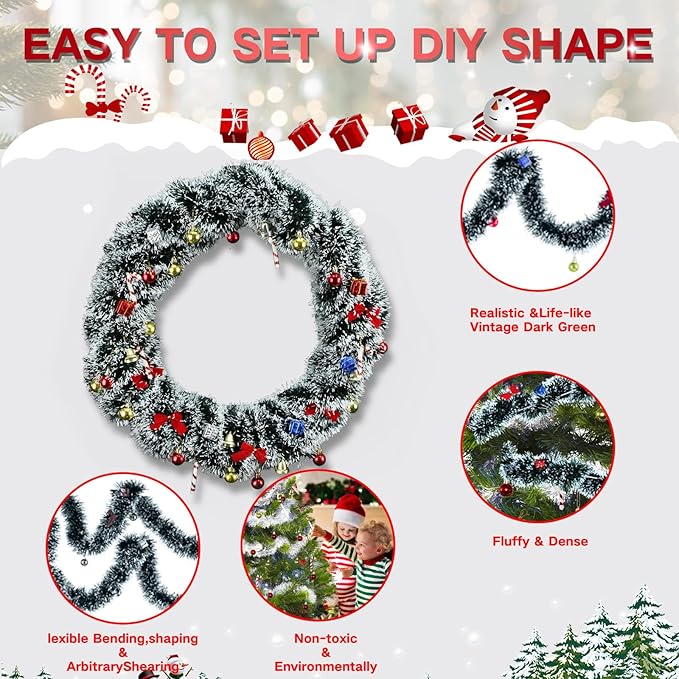 3 Pack 150Ft Greenery Garland with Snow, for DIY Christmas Tree Crafting-Green Snowy Pine Streamers for Outdoor & Indoor Christmas Decorations Artificial Twist Garland for Indoor/Outdoor