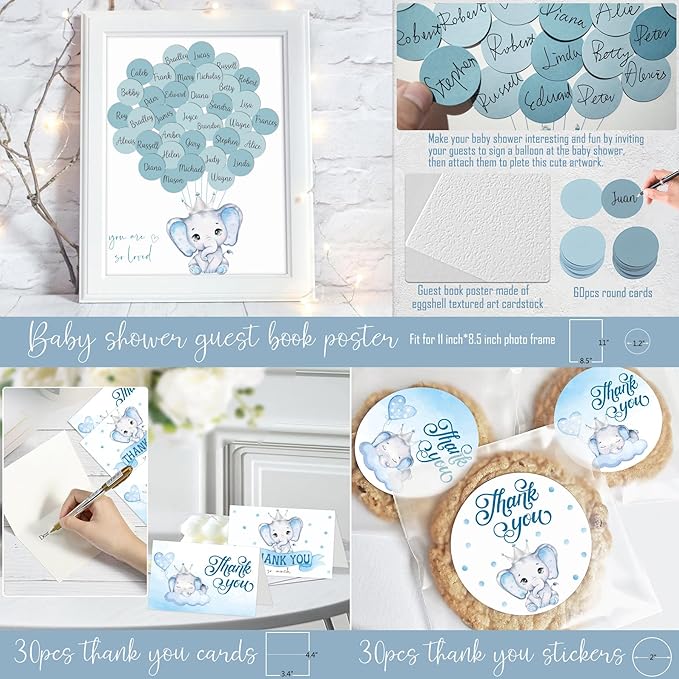 Elephant Baby Shower Decorations for Boy, Blue Elephant Baby Shower Party Supplies, It's a Boy Backdrop Tablecloth Elephant Balloon Arch BABY Box Mom to Be Sash Dad to Be Pin