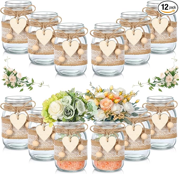 Mumufy 12 Sets Mason Jar Table Centerpiece with Lace Sleeves and Heart Shaped Hemp Rope Rustic Mason Jar Vases Reception Engagement Party Bridal Shower Centerpieces Wedding Table Decorations