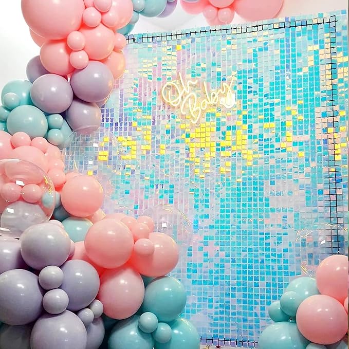 COKAOBE Rainbow Blue Shimmer Wall Backdrop 24PCS Square Sequin Shimmer Backdrop Panel, Photo Backdrops for Birthday, Anniversary, Wedding, Graduation & Bachelorette Party Decoration