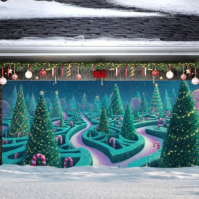 Christmas Maze with Trees Garage Door Banner 7x16FT, Winter Wonderland Holiday Scene, Outdoor Xmas Decoration for Garage Doors, Large Garage Cover for Christma