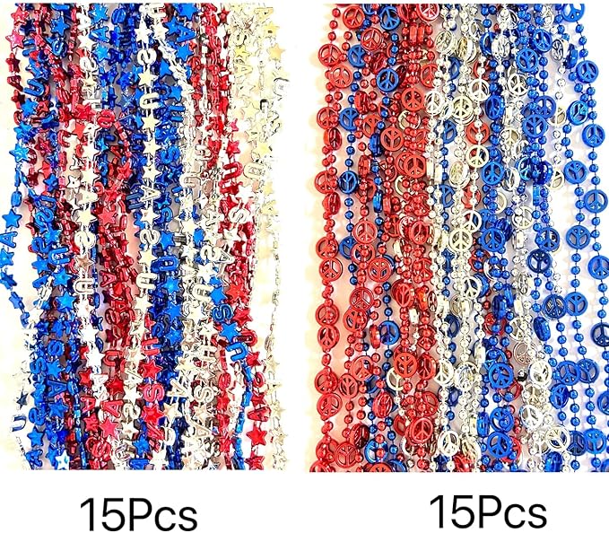 102 Pcs 4th of July Beads Necklaces Independence Day Red Blue Silver Bead Necklaces Party Favors Fourth of July Patriotic Parade Beads Party Celebration Favors Decorations