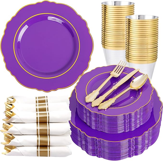 Liacere 175PCS Purple Plastic Plates-Disposable Purple and Gold - 25 guest Baroque Plastic Dinnerware include 50Plates,25Pack Pre Rolled Napkins with Silverware 25Cups for Wedding